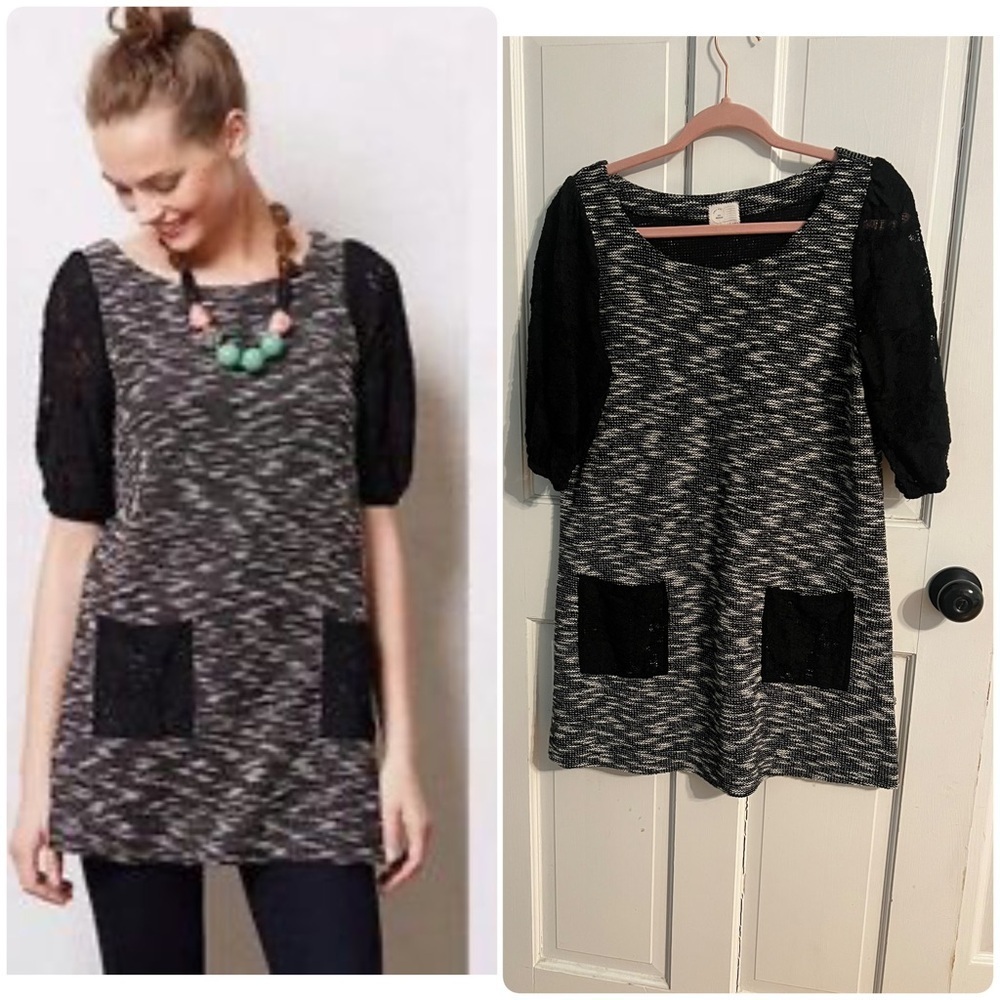 Black and Gray Knit Tunic with Lace Sleeves